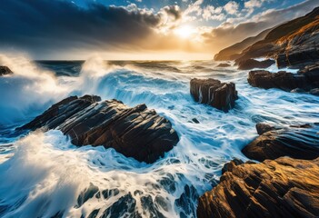 Fototapeta premium dramatic scene powerful waves crashing rugged rocky coastlines under bright blue sky, beach, ocean, surf, sea, water, shore, cliff, shoreline, foam, splash