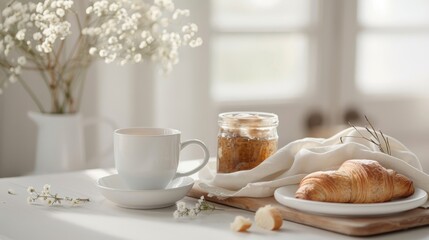 Cozy breakfast scene with a jar of zucchini jam, warm croissants, and a cup of herbal tea, evoking a sweet and refreshing morning ambiance.