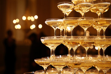 luxurious champagne tower with stacked glasses, set against a soft, warm light at an elegant celebration or party