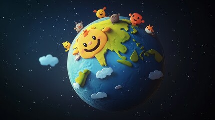 A cheerful cartoon sun smiles down on a 3D model of the Earth.