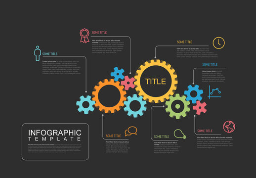 Multipurpose Infographic template with various gear cogwheels icons and descriptions on dark background