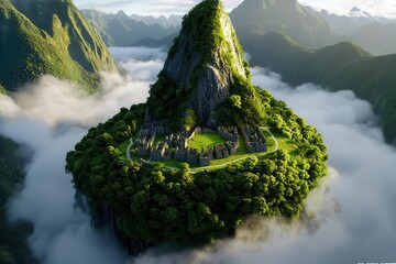Ancient Incan city of Machu Picchu, aerial view  captured in a dramatic, wideangle shot with soft mist enveloping the ruins and lush green mountains in the background