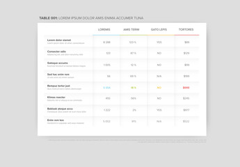 Simple flat color data table layout templatewith light shadows