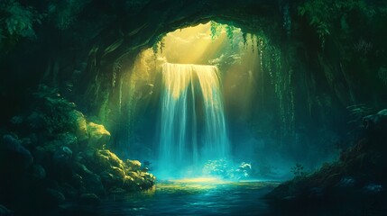 Obraz premium Captivating waterfall cascading in a serene, mystical jungle setting.