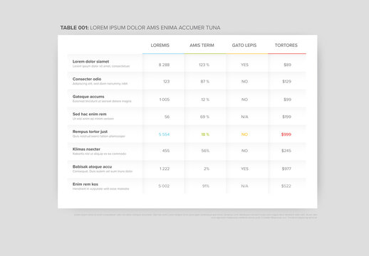 Simple flat color data table layout templatewith light shadows