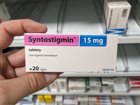 Prague, Czech Republic - August 28 2024: SYNTOSTIGMIN box with NEOSTIGMINE active substance by ZENTIVA, used for myasthenia gravis and muscle strength improvement.

