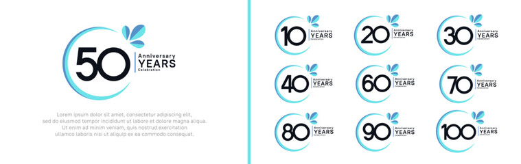 anniversary logotype set. vector design black color with blue ring and leaf for special moment