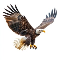 Obraz premium A majestic eagle soaring through the sky with its wings spread wide, showcasing its powerful physique and striking plumage.