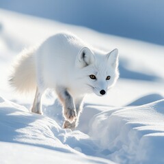 A graceful arctic fox traverses a serene snowy landscape, showcasing its stunning white fur and keen expression.