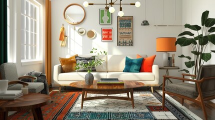 Show a sophisticated living room with mid-century modern furniture, a stylish area rug, and a statement chandelier.