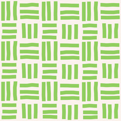Abstract seamless pattern of vertical and horizontal green short wavy stripes in a row on a light background, hand drawn illustration, flat style