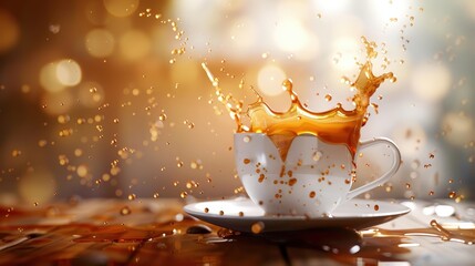 Show a splash of coffee as it hits a saucer, with droplets and froth captured in mid-air