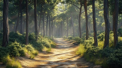 Fototapeta premium A tranquil forest path illuminated by soft sunlight, surrounded by lush greenery and tall trees, inviting exploration and peace.
