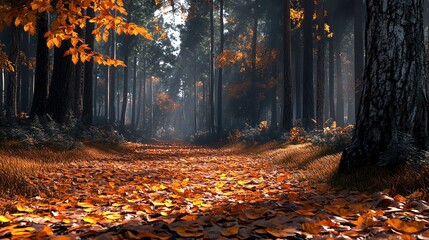 A tranquil autumn forest path lined with vibrant orange leaves and tall trees creating a serene atmosphere.