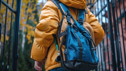 Show a student adjusting the straps of their school bag while standing at the school gate.