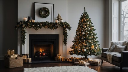 Christmas Tree With Decorations Near A Fireplace
