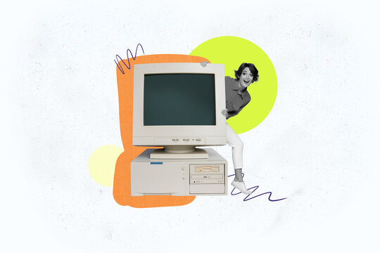 Composite trend artwork sketch collage of young woman office manager appear hand hold huge obsolete monitor computer retro technology