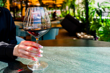 A hand holding a glass of red wine with a blurred outdoor or restaurant background. The focus is on the wine glass, creating a sophisticated and elegant atmosphere.