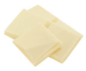 White chocolate bar pieces isolated on white background. Milk chocolate squared chunks top view. Flat lay. Package design elements.