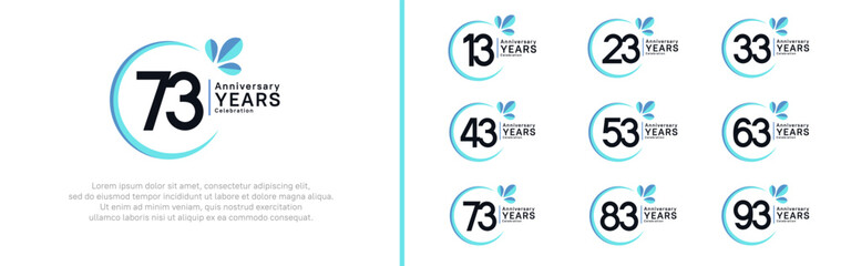 anniversary logotype set. vector design black color with blue ring and leaf for special moment