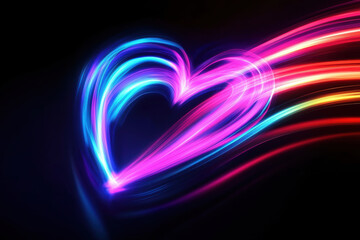 Bright neon heart with colorful light streaks