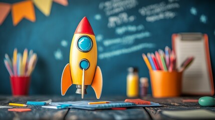 A toy rocket sits on a wooden table among school supplies