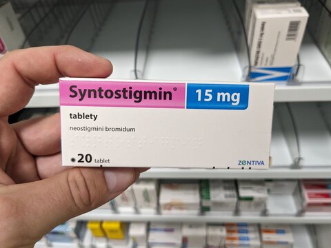  Prague, Czech Republic - August 28 2024: SYNTOSTIGMIN box with NEOSTIGMINE active substance by ZENTIVA, used for myasthenia gravis and muscle strength improvement.