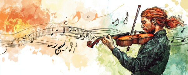 Fototapeta premium Illustration of a violinist surrounded by vibrant musical notes in a colorful hand-drawn setting