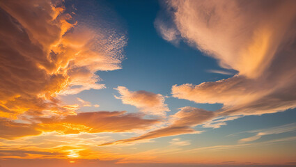 Obraz premium Sunset Sky, Beautiful nature in Early Morning with Orange, Yellow sunlight clouds fluffy, Golden Hour Sunrise summer Background
