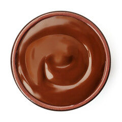 Melted chocolate in a bowl isolated on white background. Flowing  Chocolate spread top view. Flat lay.