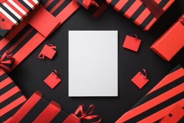 Obraz premium High contrast Black Friday mockup with blank white card on black background surrounded by stylish red and black striped gift boxes, perfect for shopping promotions