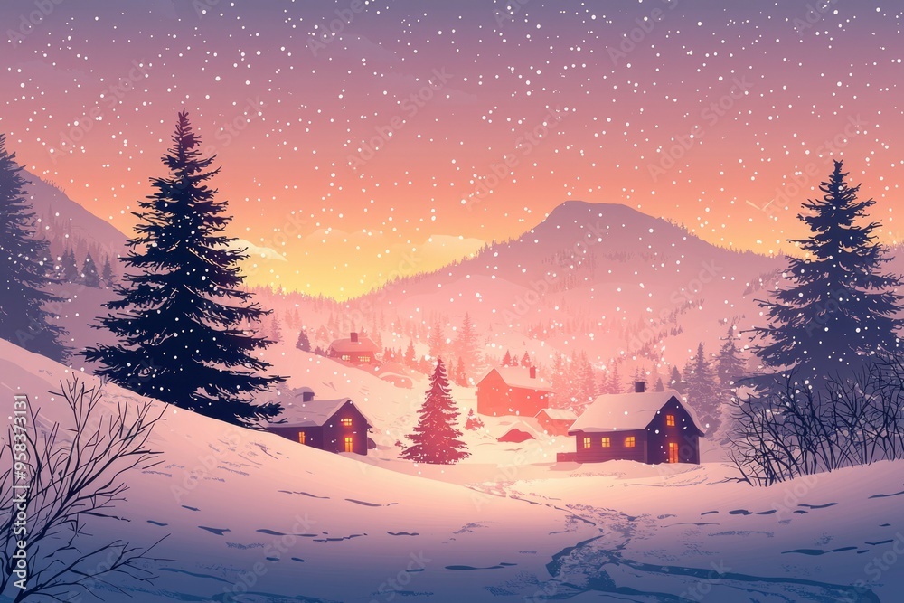 Wall mural Snowy Mountain Village at Dusk with Illuminated Houses