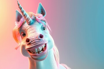 Obraz premium Cheerful 3D Animated Unicorn with Smiling Expression on Turquoise Background