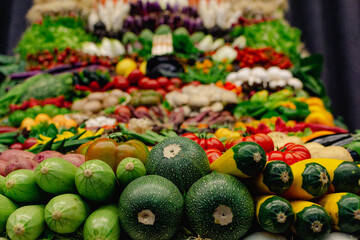 Front view of fruit and vegetable display.
