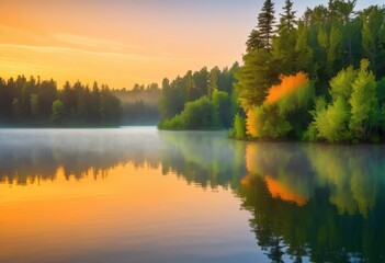 vibrant sunrise reflection over tranquil lake surrounded lush nature bright color palette, water, sky, clouds, morning, light, scenery, landscape, view