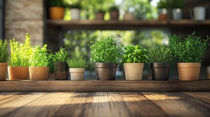 Fototapeta premium A vibrant arrangement of potted herbs and plants on a rustic wooden shelf, perfect for enhancing home decor and gardening themes.