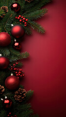 Festive Pine Branches on Red Background