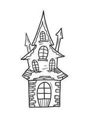 Hand drawn vector creepy haunted house castle with ghosts, in black isolated on white background. Sketch illustration in doodle engraved vintage line art style. Happy Halloween symbol