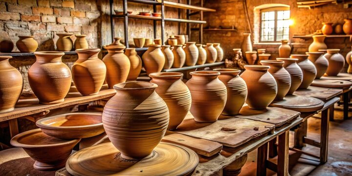 Tont?pfe in einer antik anmutenden Werkstatt get?pfert als Hobby oder im Handwerk, Tont?pfe, Werkstatt, antik, Handwerk