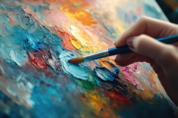 Close up of an Artist's Hand Mixing Paint on a Palette