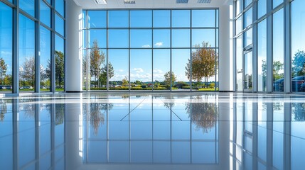 Empty polished showroom floor with reflective surface and large windows revealing clear blue sky create a luxurious and modern environment, perfect for displaying cars in marketing campaigns.