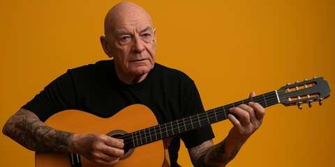 Obraz premium Refined elderly man with a tattoo sleeve playing an acoustic guitar against a vibrant orange background