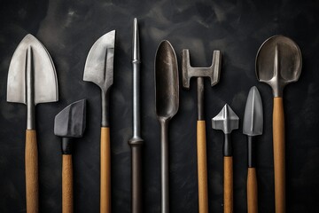 An arrangement of diamond mining tools including pickaxes and shovels on a textured dark background with ample copy space