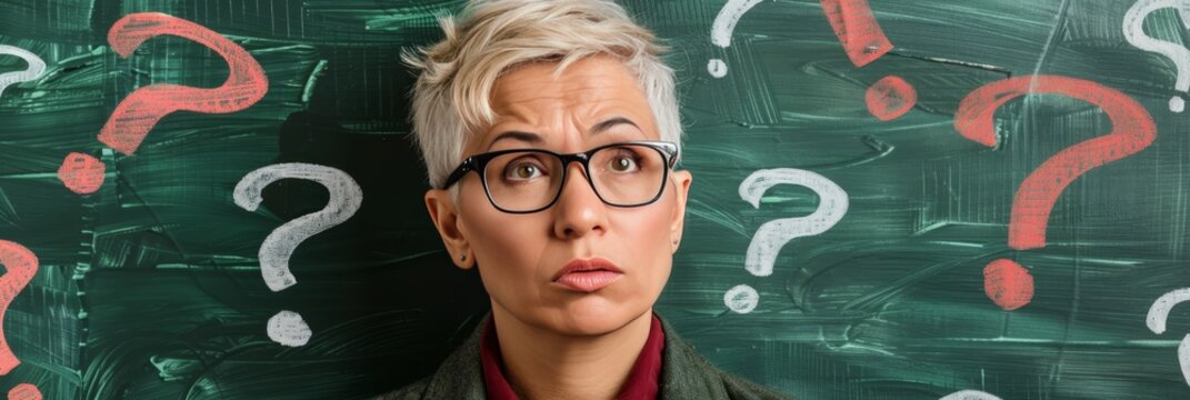 Confused Woman with Glasses in Front of Chalkboard Covered in Red and White Question Marks