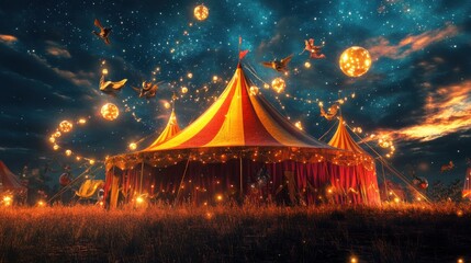 Vibrant Red and Yellow Circus Tent Featuring Magical Illumination with Dazzling Lights and Enchanting Atmosphere. Template for background, banner, card, poster