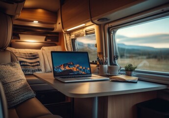 A laptop on a desk in a modern motorhome, interior view, with a beautiful landscape visible outside the window. Cinematic lighting enhances the scene.
