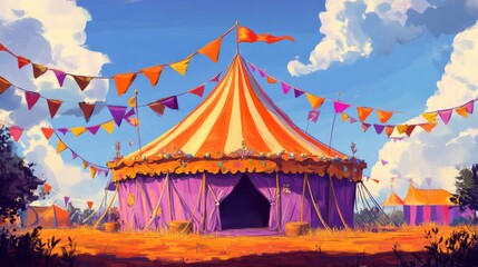 Vibrant orange and purple Circus Tent Featuring Magical Illumination with Dazzling Lights and Enchanting Atmosphere. Template for background, banner, card, poster