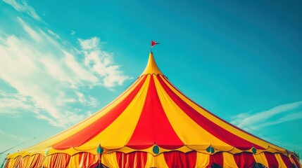Vibrant Red and Yellow Circus Tent Featuring Magical Illumination with Dazzling Lights and Enchanting Atmosphere. Template for background, banner, card, poster