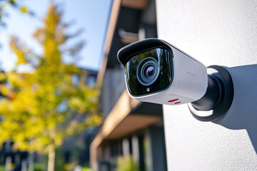 close-up of a modern CCTV security camera mounted on the exterior wall of a house in a residential district