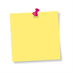 Realistic pushpin with yellow paper for your text. Thumbtack with note memo. Color notepaper with pin tack for reminder in school, office and home. Note with paper clip, isolated on white background.